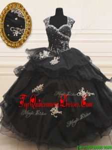 Lovely See Through Back Wide Straps Beaded Applique Black Quinceanera Dress