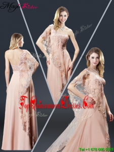 Luxurious One Shoulder Appliques Dama Dresses in Peach