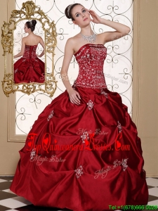 2016 Beautiful Embroidery Wine Red Strapless Quinceanera Dresses