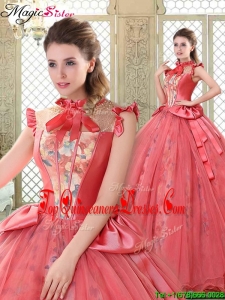 Classical High Neck Cap Sleeves Quinceaner Dresses with Bowknot