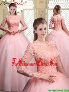 Cheap Bateau Long Sleeves Beading and Appliques Quinceanera Dresses