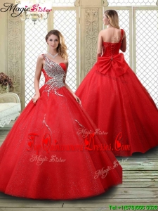 Cheap Classical One Shoulder Quinceanera Dresses with Beading in Red