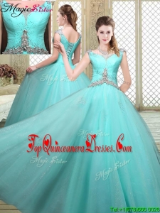 Luxurious Straps Beading Sweet 16 Dresses in Aqua Blue