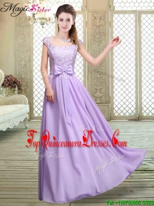 2016 Fashionable Square Cap Sleeves Lavender Dama Dresses with Belt