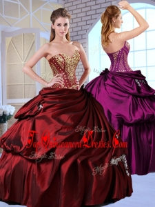 Gorgeous Ball Gown Taffeta Wine Red Quinceanera Gowns with Pick Ups