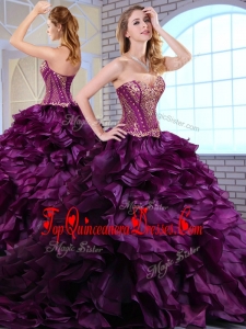 Wonderful Brush Train Dark Purple Quinceanera Dresses with Ruffles and Appliques