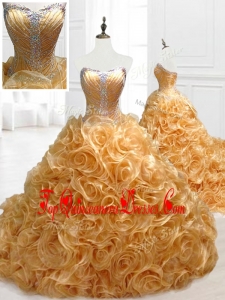 Elegant Sweetheart Rolling Flowers Brush Train Custom Made Quinceanera Dresses with Beading