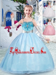 Beautiful Spaghetti Straps Light Blue Little Girl Mini Quinceanera Dresses with Beading