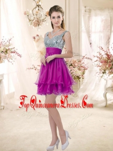 Fashionable Straps Short Fuchsia Damas Dresses with Sequins