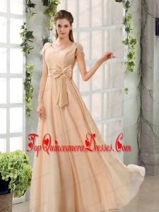 Scoop Ruching Cap Sleeves Chiffon Dama Dresses in Champagne