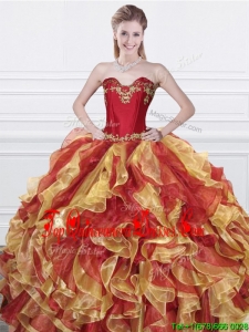 Affordable Applique and Ruffled Organza Quinceanera Dress in Red and Yellow