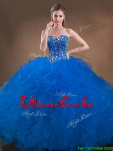 Affordable Big Puffy Beaded and Ruffled Quinceanera Dresses in Blue