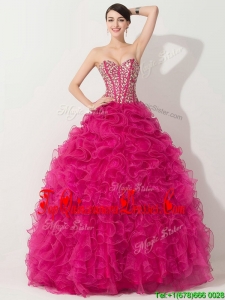 Visible Boning Hot Pink Quinceanera Dresses with Beading and Ruffles