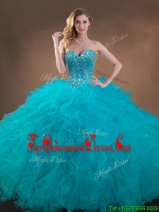 Affordable Puffy Teal Quinceanera Dresses with Beading and Ruffles