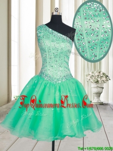 2017 Visible Boning One Shoulder Beaded Bodice Organza Dama Dress in Turquoise