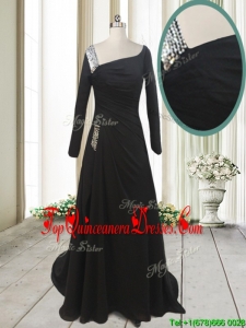 Fashionable Asymmetrical Neck Brush Train Black Dama Dress with Long Sleeves