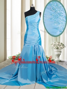 Lovely Zipper Up Mermaid One Shoulder Applique Dama Dress with Brush Train