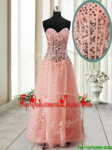 Pretty Visible Boning See Through Applique and Beaded Long Dama Dress in Tulle