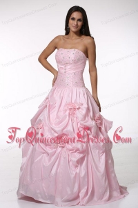 Beading and Hand Made Flowers Strapless Baby Pink Quinceanera Dress