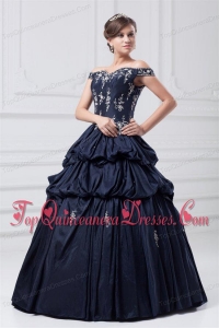 Off The Shoulder Taffeta Navy Blue Quinceanera Dress with Appliques