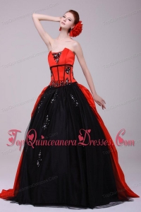 Strapless Red and Black Quinceanera Dress with Appliques with Beading