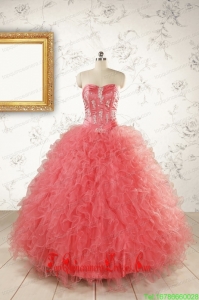 2015 Watermelon Red Exquisite Quinceanera Dresseswith Appliques and Ruffles