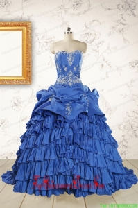 2015 Modern Brush Train Appliques Sweet 15 Dresses in Royal Blue