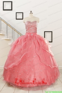 2015 Watermelon Sweetheart Beading Appliques Ball Gown Sweet 16 Dresses