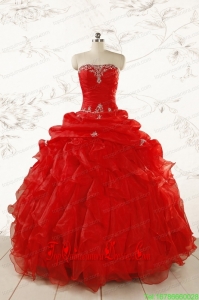 2015 Custom Made Ball Gown Strapless Beading and Ruffles Red Sweet 15 Dresses