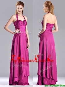 Classical Halter Top Fuchsia Long Gorgeous Dama Dress in Elastic Woven Satin