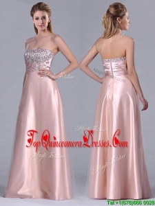 Fashionable Strapless Peach Long Dama Dress with Beaded Bodice