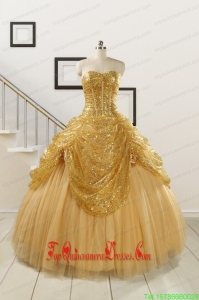 2015 Custom Made Sweetheart Sequined Quinceanera Dresses in Gold