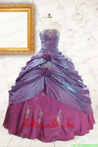 2015 Custom Made Purple Strapless Quinceanera Dresses with Appliques and Hand Made Flowers