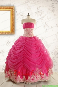 Custom Made Lace Appliques 2015 Quinceanera Gowns in Hot Pink