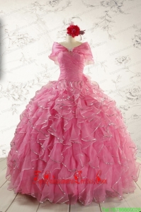 2015 Custom Made Rose Pink Quinceanera Dresses with Beading