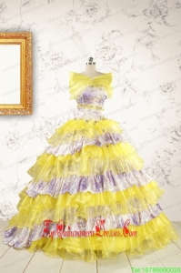Custom Made Beading Yellow Sweet 15 Dresses with Sweep Train
