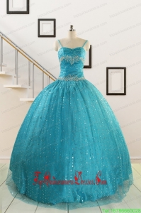 Custom Made Spaghetti Straps Appliques Sequins Turquoise Quinceanera Dresses for 2015