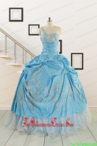 2015 Custom Made One Shoulder Appliques Quinceanera Dresses in Aqua Blue