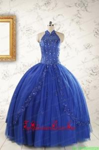2015 Custom Made HalterTop Appliques and Beading Dresses For 15 in Royal Blue