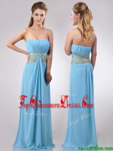 Discount Beaded Decorated Waist and Ruched Bodice Dama Dress in Aqua Blue