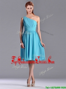 Discount Chiffon Baby Blue Knee Length Dama Dress with One Shoulder