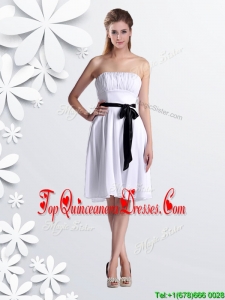 Elegant Empire Strapless Ruched and Be-ribboned White Dama Dress in Chiffon