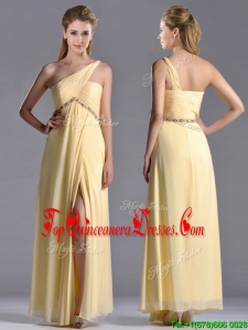 Exquisite One Shoulder Yellow Dama Dress with Beading and High Slit