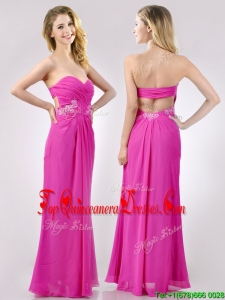 Fashionable Sweetheart Backless Beaded and Ruched Dama Dress in Hot Pink