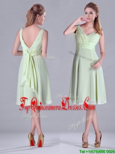 Lovely Tea Length Ruched and Belted Dama Dress in Yellow Green