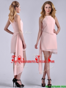 New Style Scoop Empire Chiffon Asymmetrical Dama Dress in Baby Pink