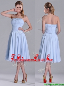 Pretty Strapless Chiffon Ruched Lavender Dama Dress in Tea Length