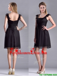 Simple Empire Square Chiffon Black Dama Dress with Cap Sleeves