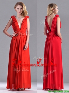 Elegant Deep V Neckline Red Dama Dress with Hand Crafted Flowers