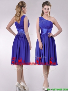 Elegant One Shoulder Chiffon Blue Dama Dress with Side Zipper